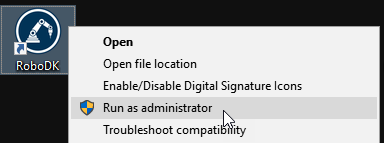 以管理员身份运行RoboDK